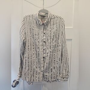 LUCKY BRAND Button Down vertical Black White stripes long sleeve summer top L